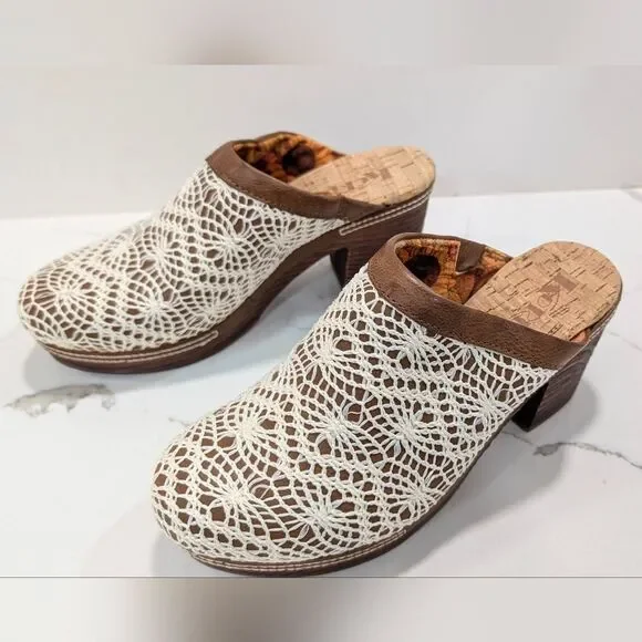 KORKS Women's Nora Clog Tan Crochet Overlay Slip On Wooden Platform Shoes 8 Boho - Picture 2 of 15